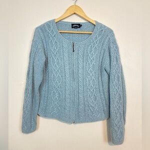 Icelandic Design Blue Cable Knit Angora & Silk Blend Full Zip Cardigan Sweater